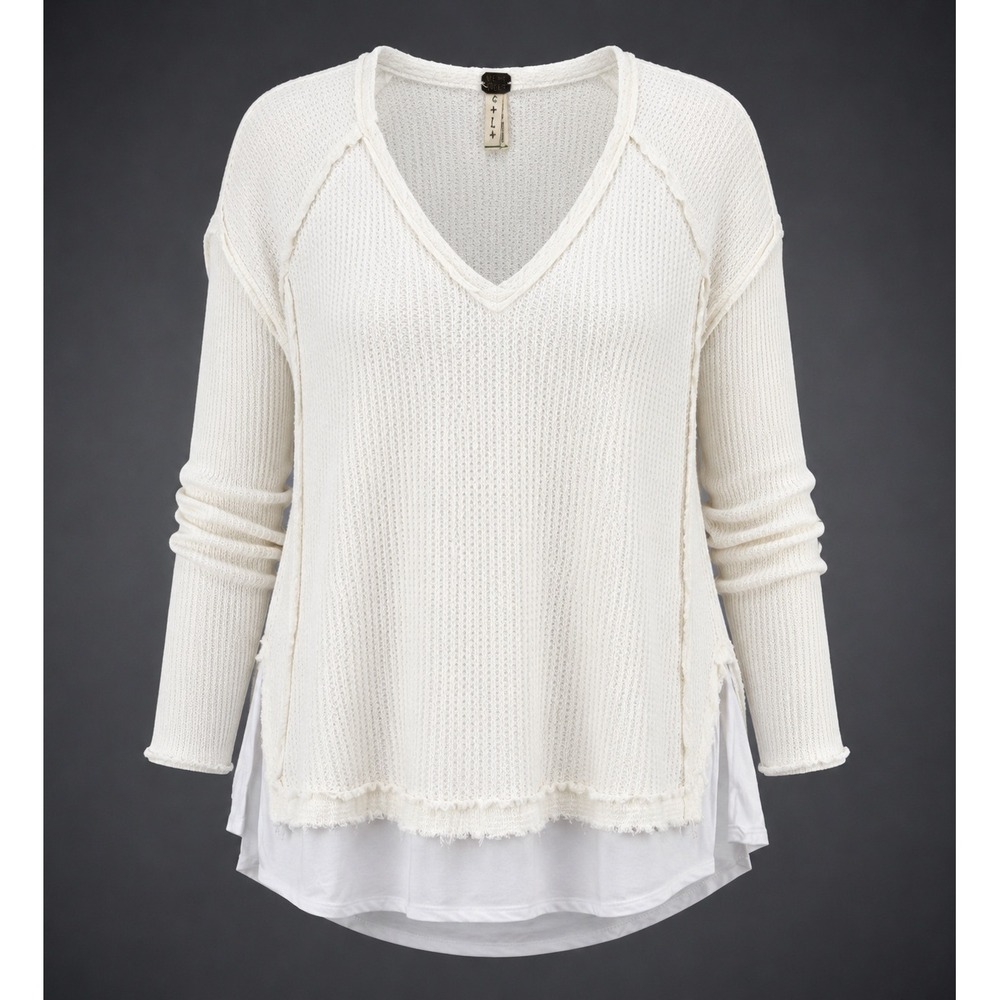 We The Free Laguna Thermal Knit Top Large Ivory Oversized Boho Lagenlook Slouchy